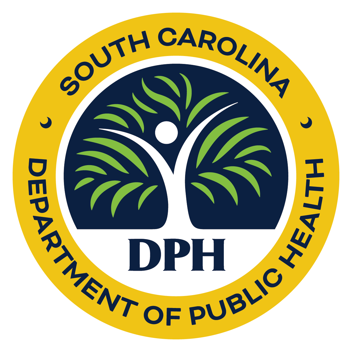 Department of Public Health logo: a yellow circle surrounds an illustration of a person stretching out their arms where the arms become tree branches.