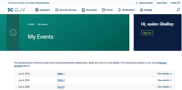 Screenshot Example Image of My SCGOV My Events Page