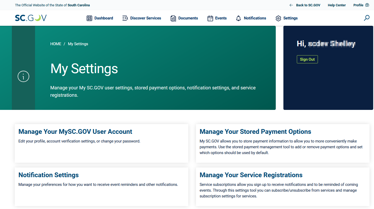 Screenshot Example Image of MySCGOV Dashboard Page